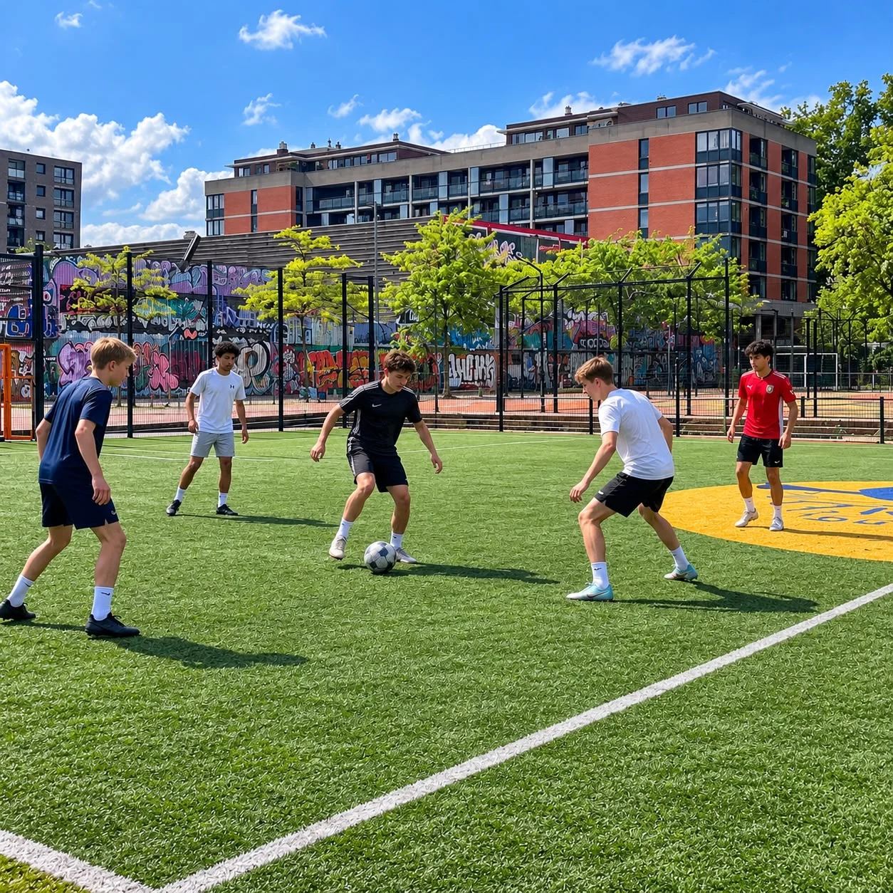 Jongeren voetballen op een kunstgrasveld tussen de flats, met graffiti op de achtergrond