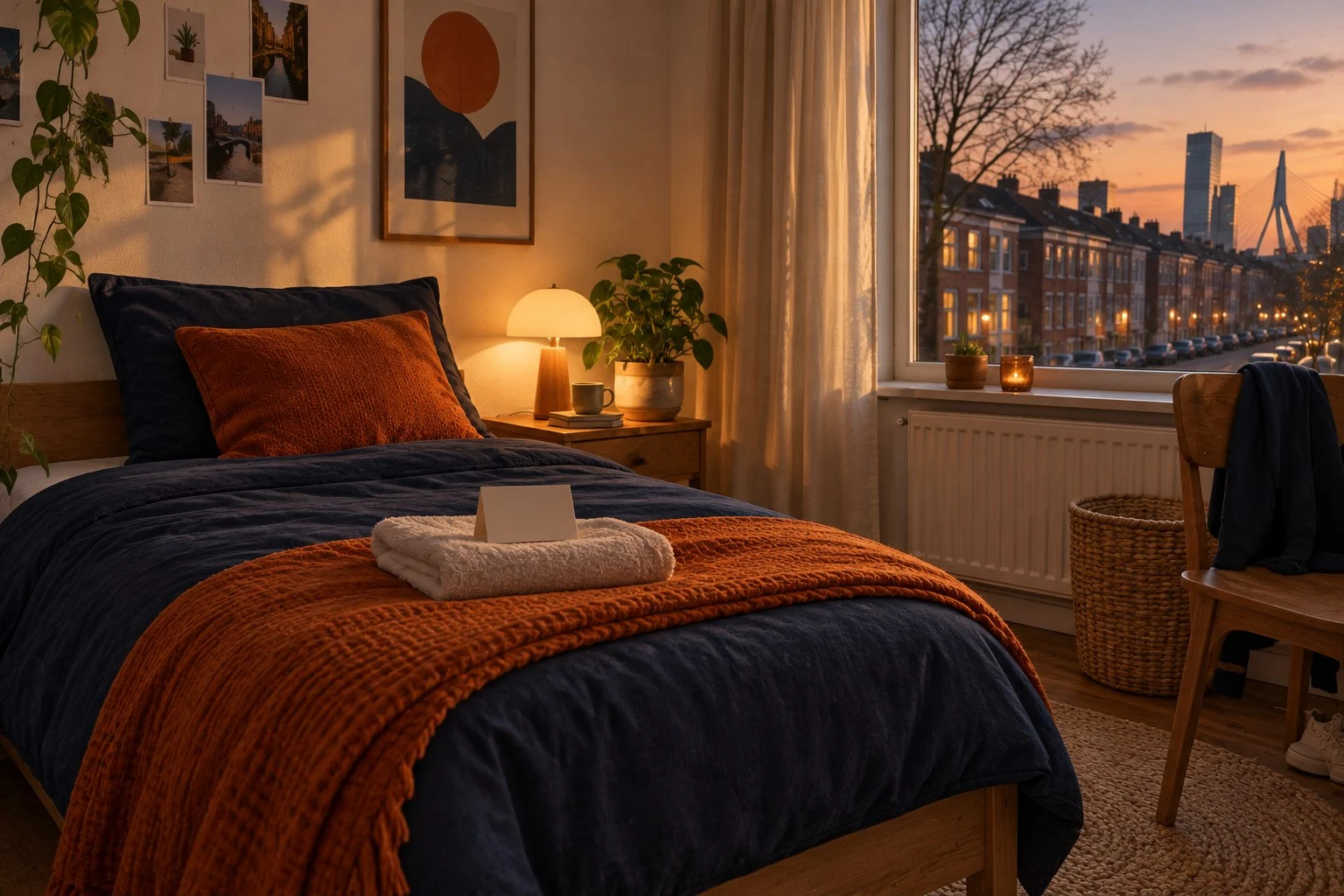 Rustige slaapkamer met een opgemaakt bed en een welkomstkaartje