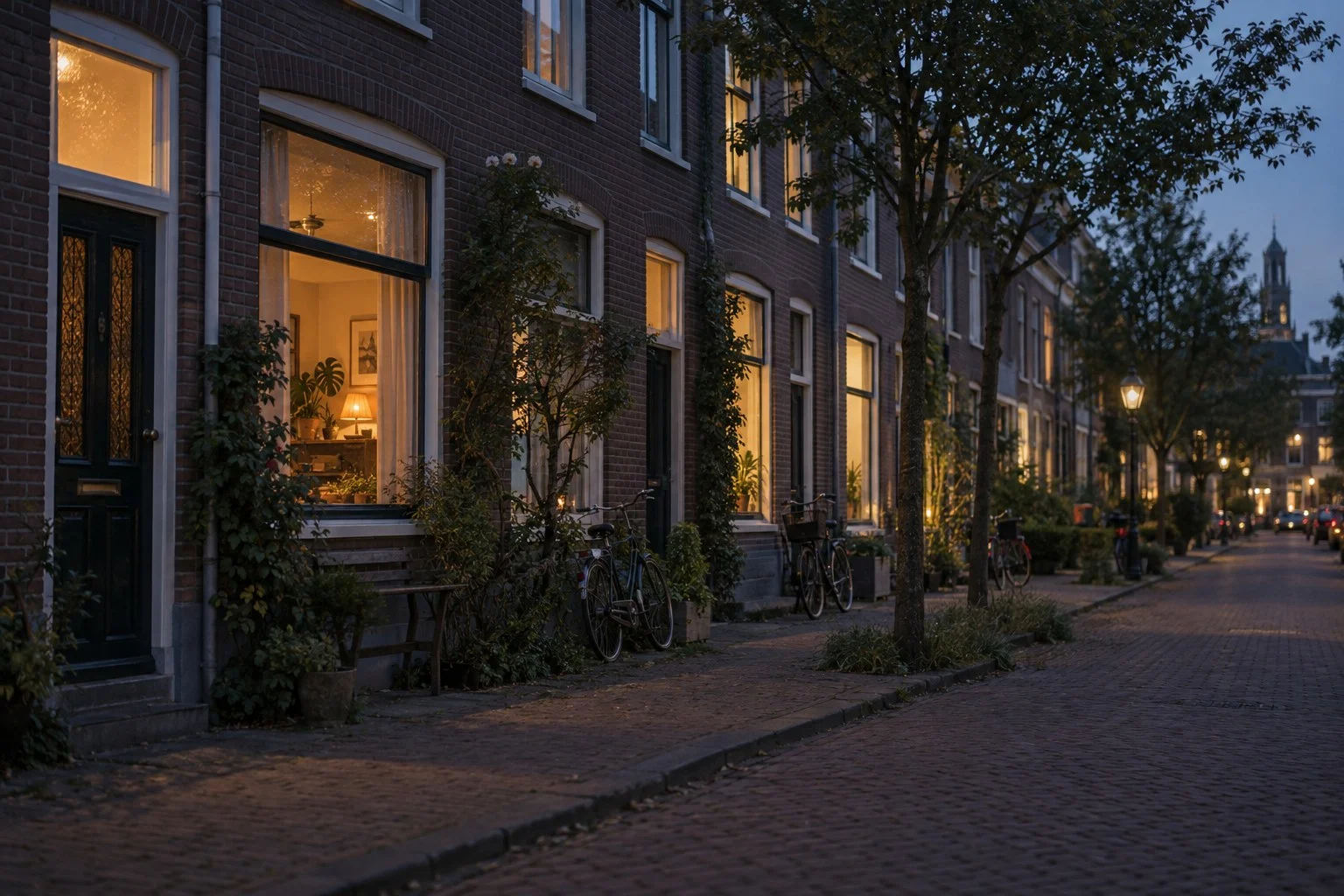Woonstraat in de avond met verlichte ramen: een veilige plek om naartoe te gaan