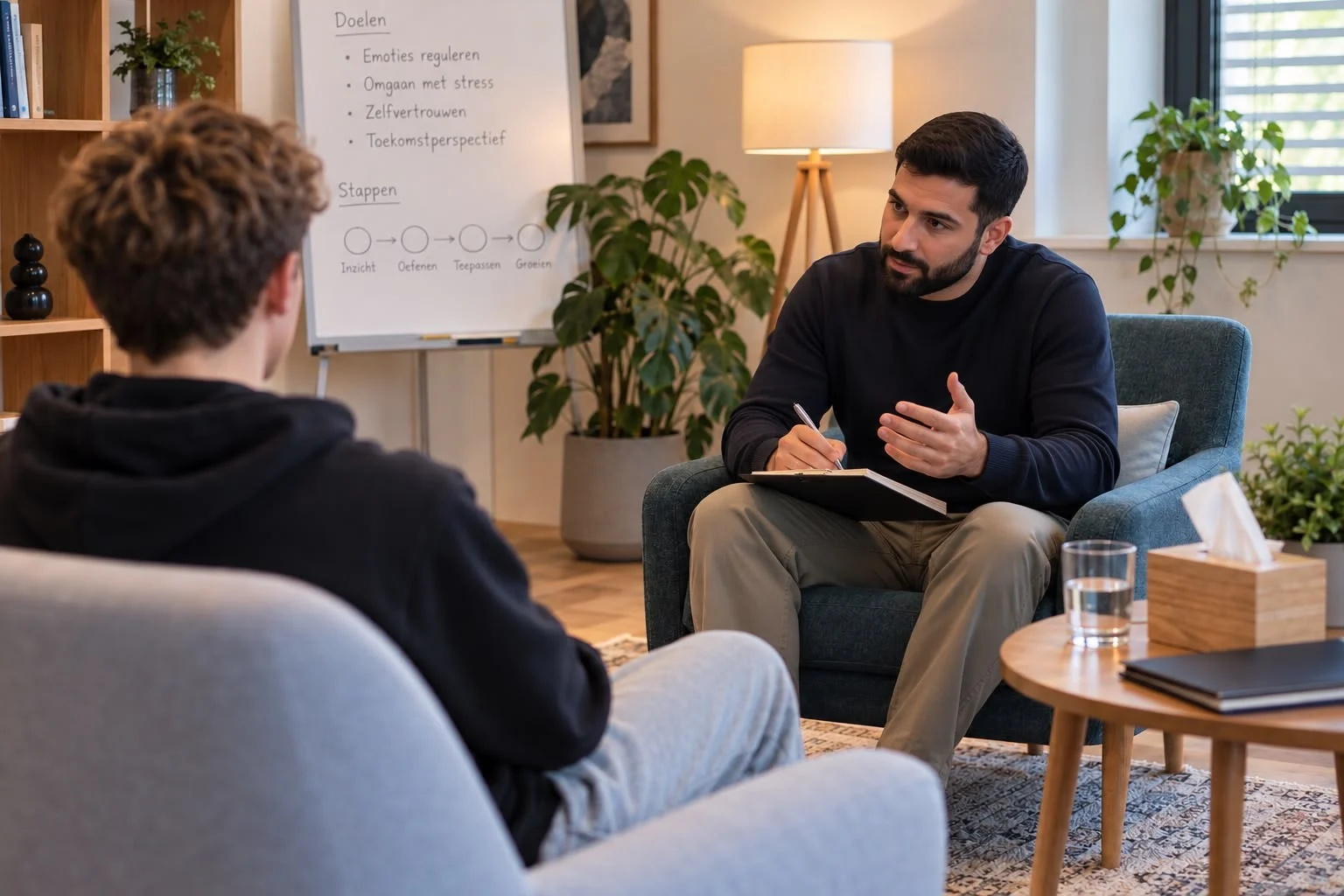 Een behandelaar bespreekt met een jongere de doelen en stappen op het whiteboard