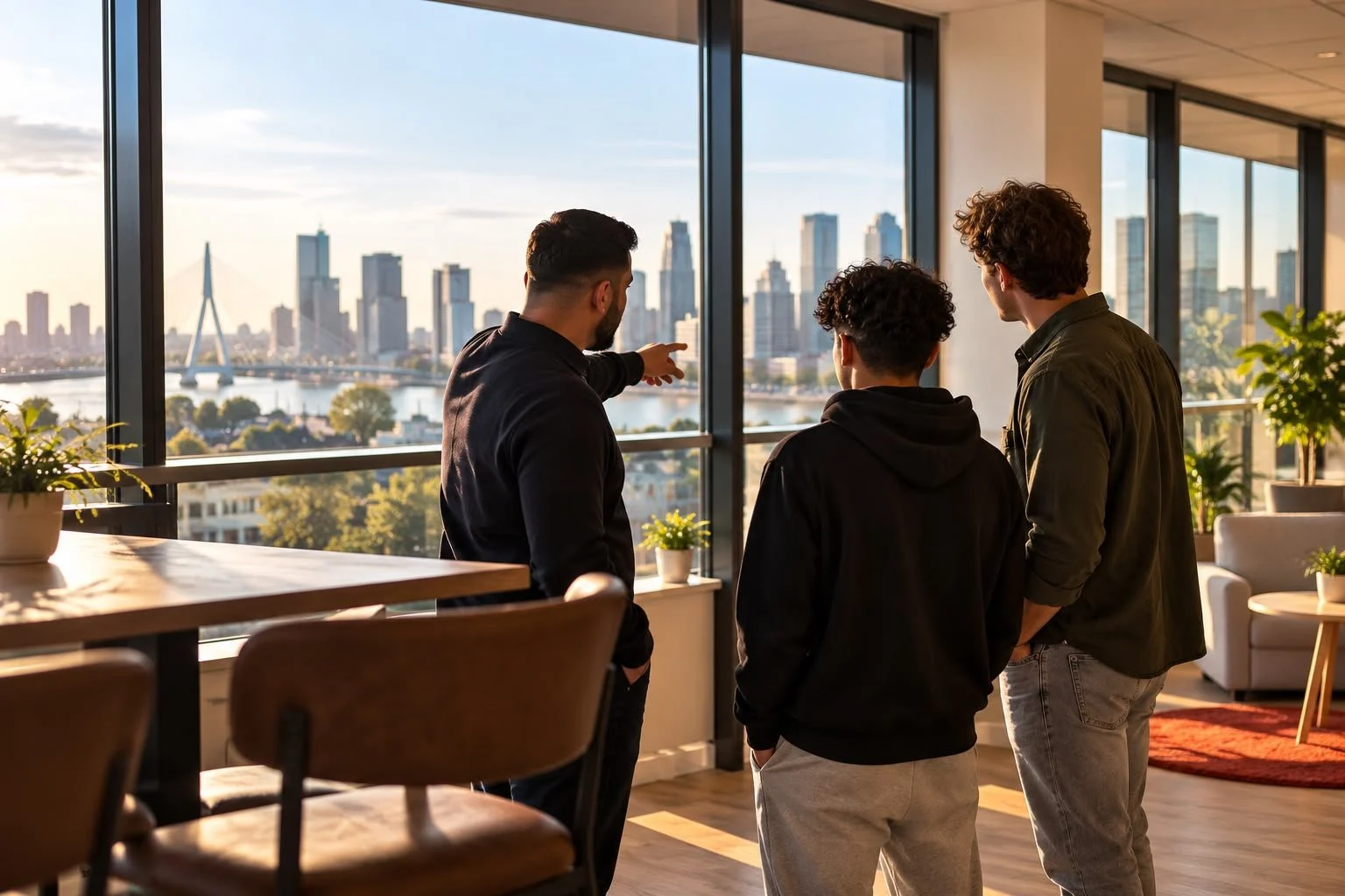 Een begeleider wijst twee jongeren vanuit een hoog raam op de skyline van Rotterdam
